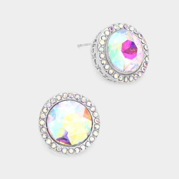 Rhinestone Trimmed Round Stone Aurora Borealis Evening Earrings - Picture 3 of 5
